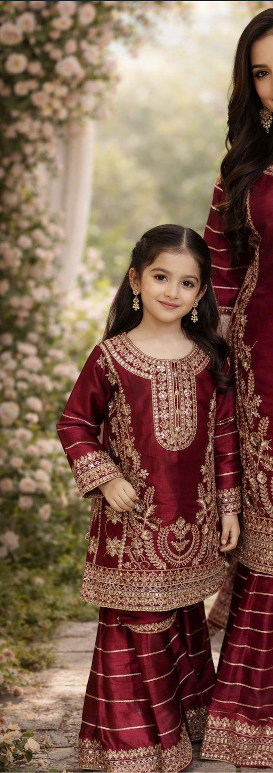 Maroon Red Silk Girls Suit