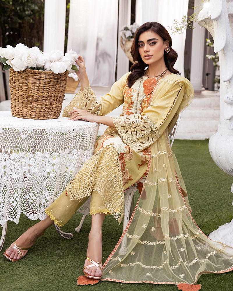 Creamy Yellow Gold Luxury Jacquard Lawn Ladies Suit