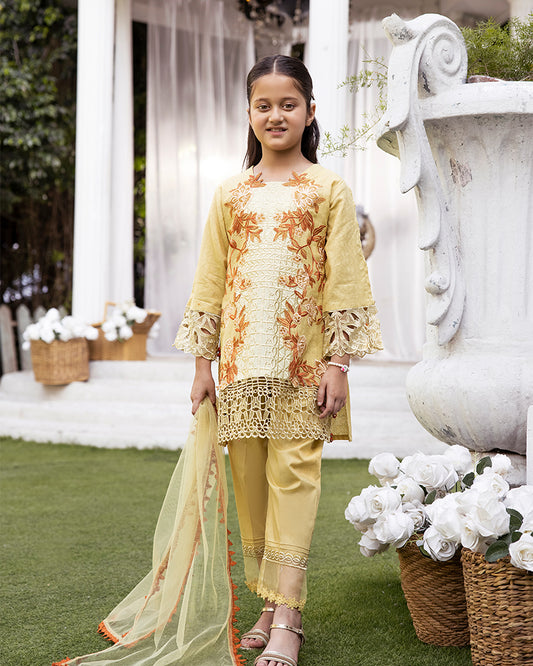 Creamy Yellow Gold Luxury Jacquard Lawn Girls Suit