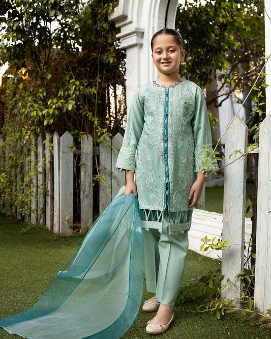 Teal Green Luxury Jacquard Lawn Girls Suit