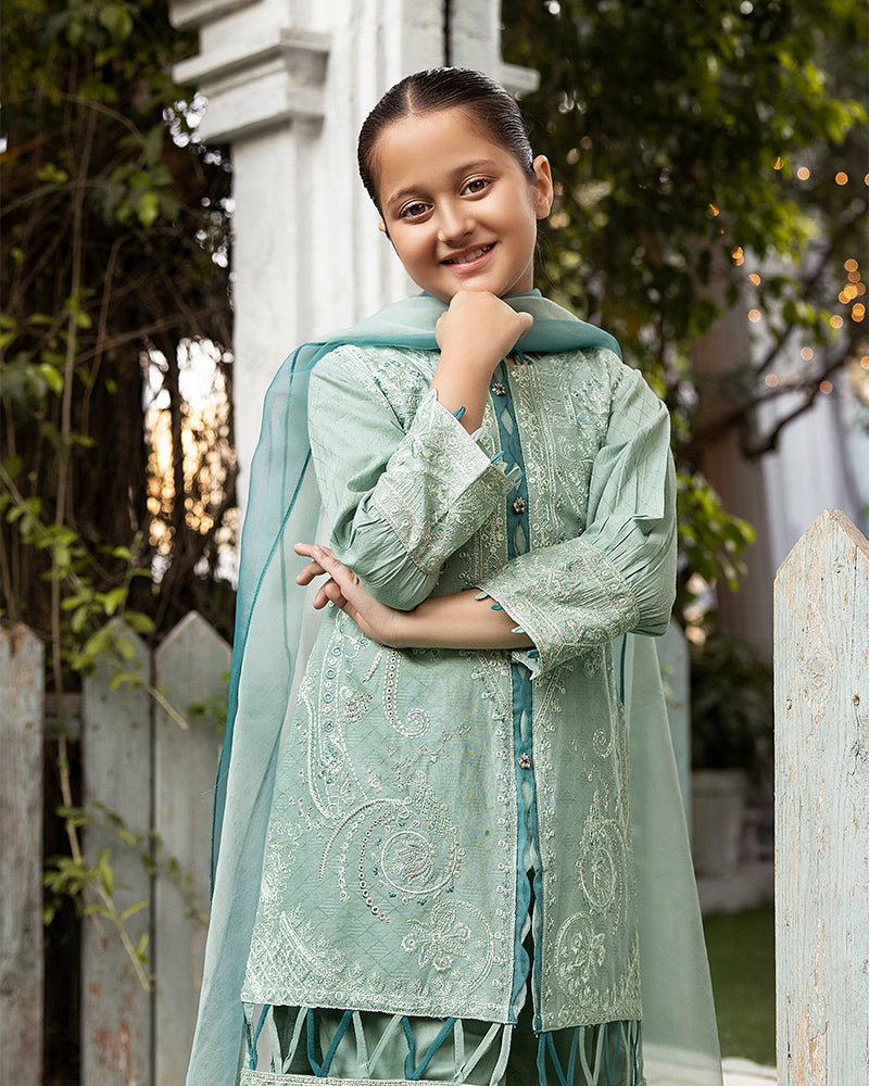 Teal Green Luxury Jacquard Lawn Girls Suit