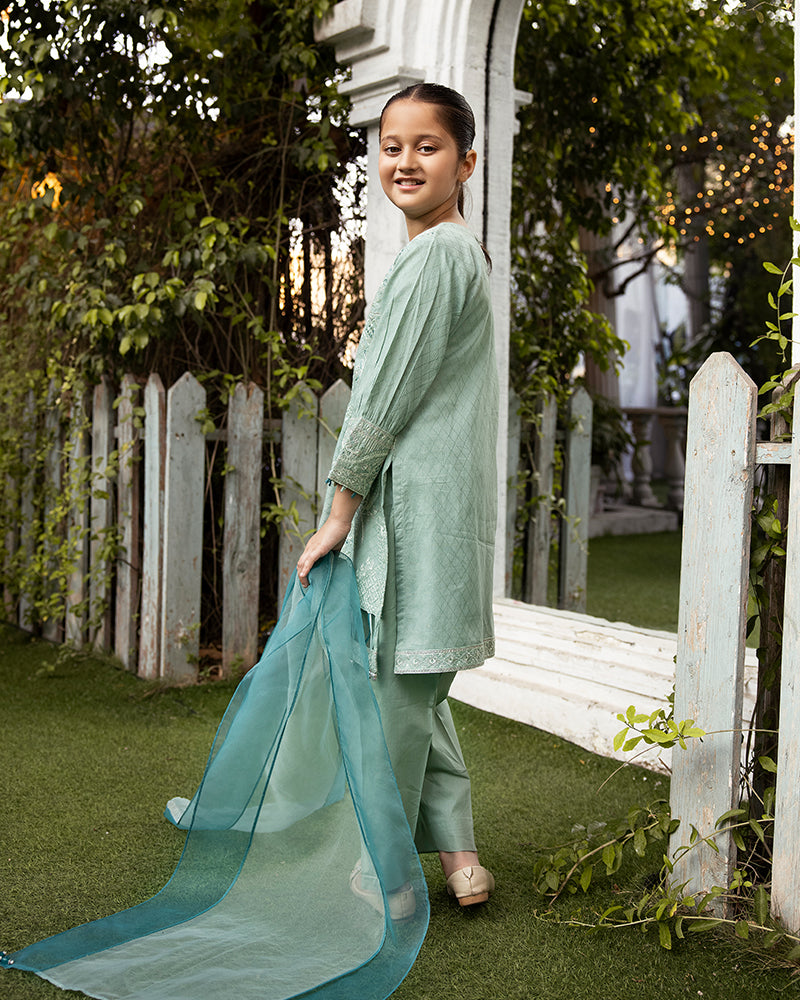 Teal Green Luxury Jacquard Lawn Girls Suit