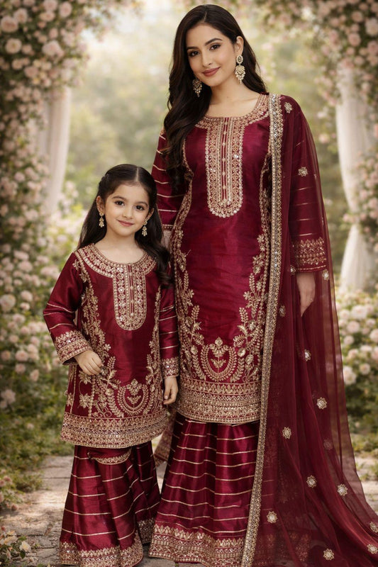 Maroon Red Silk Ladies Suit