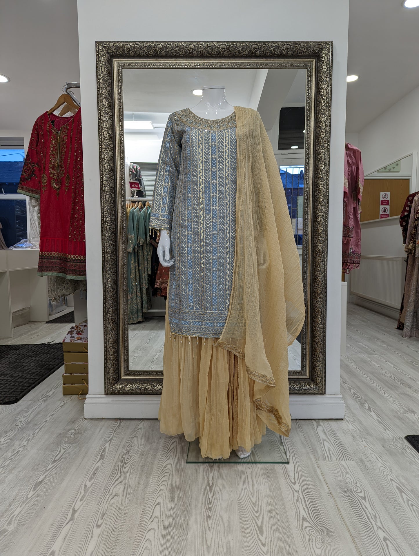 Light Blue and Gold Georgette Sharara Ladies Suit