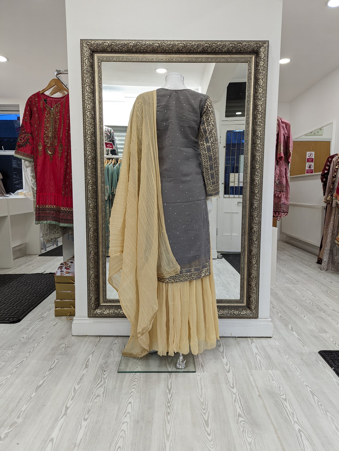 Grey and Gold Georgette Sharara Ladies Suit