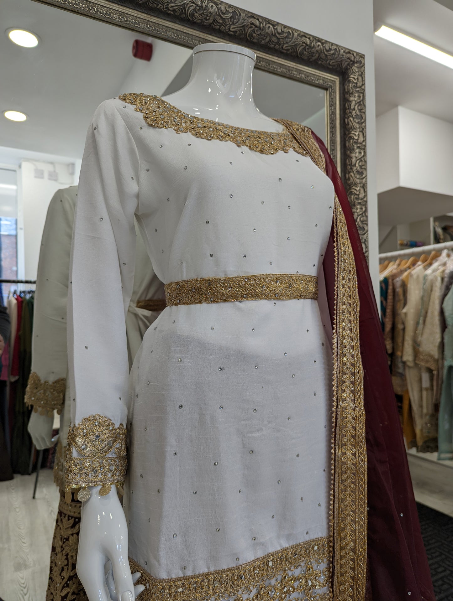 White and Maroon Chiffon Gharara Ladies Suit