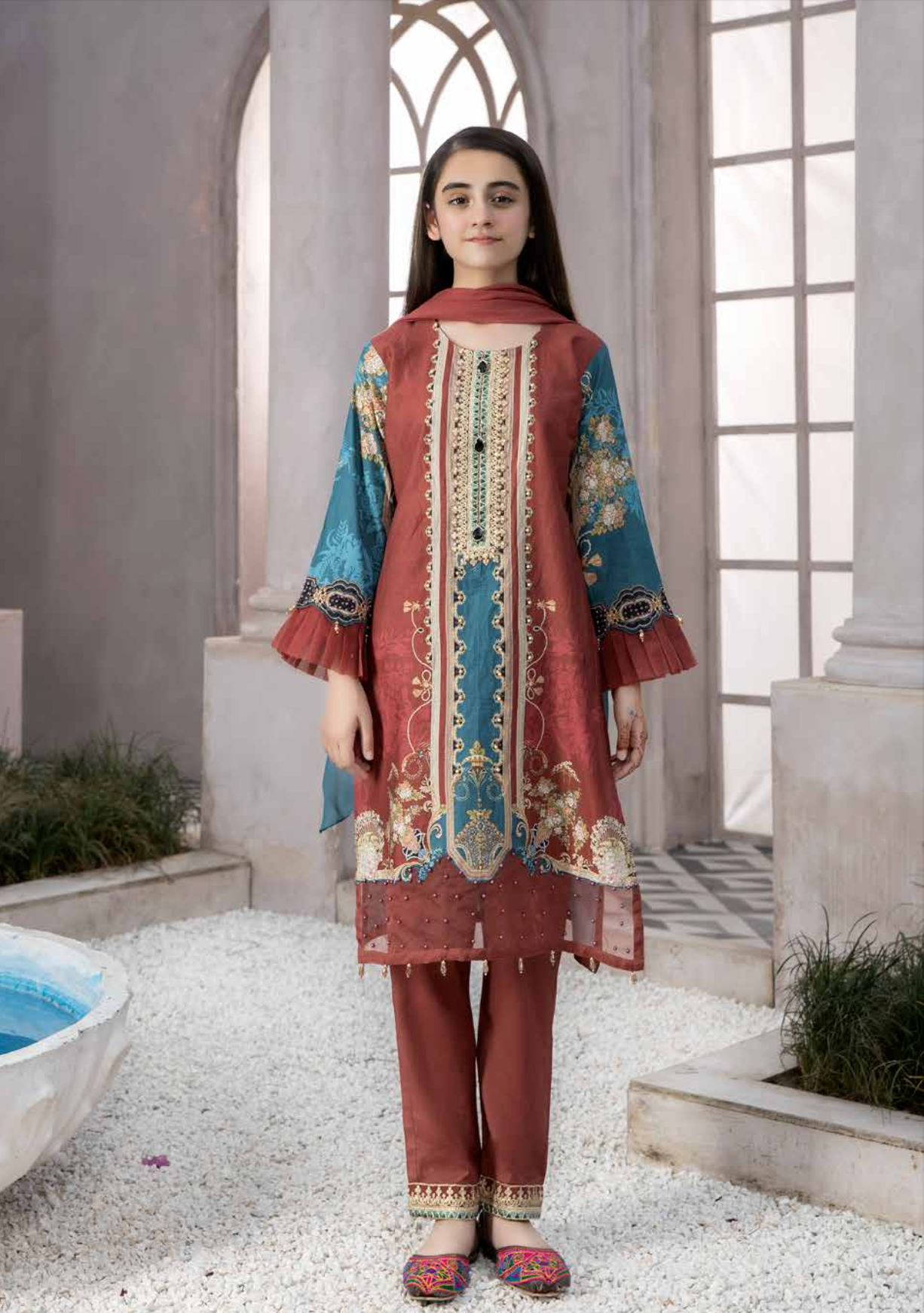 Brown and Blue Festive Lawn Girls Suit