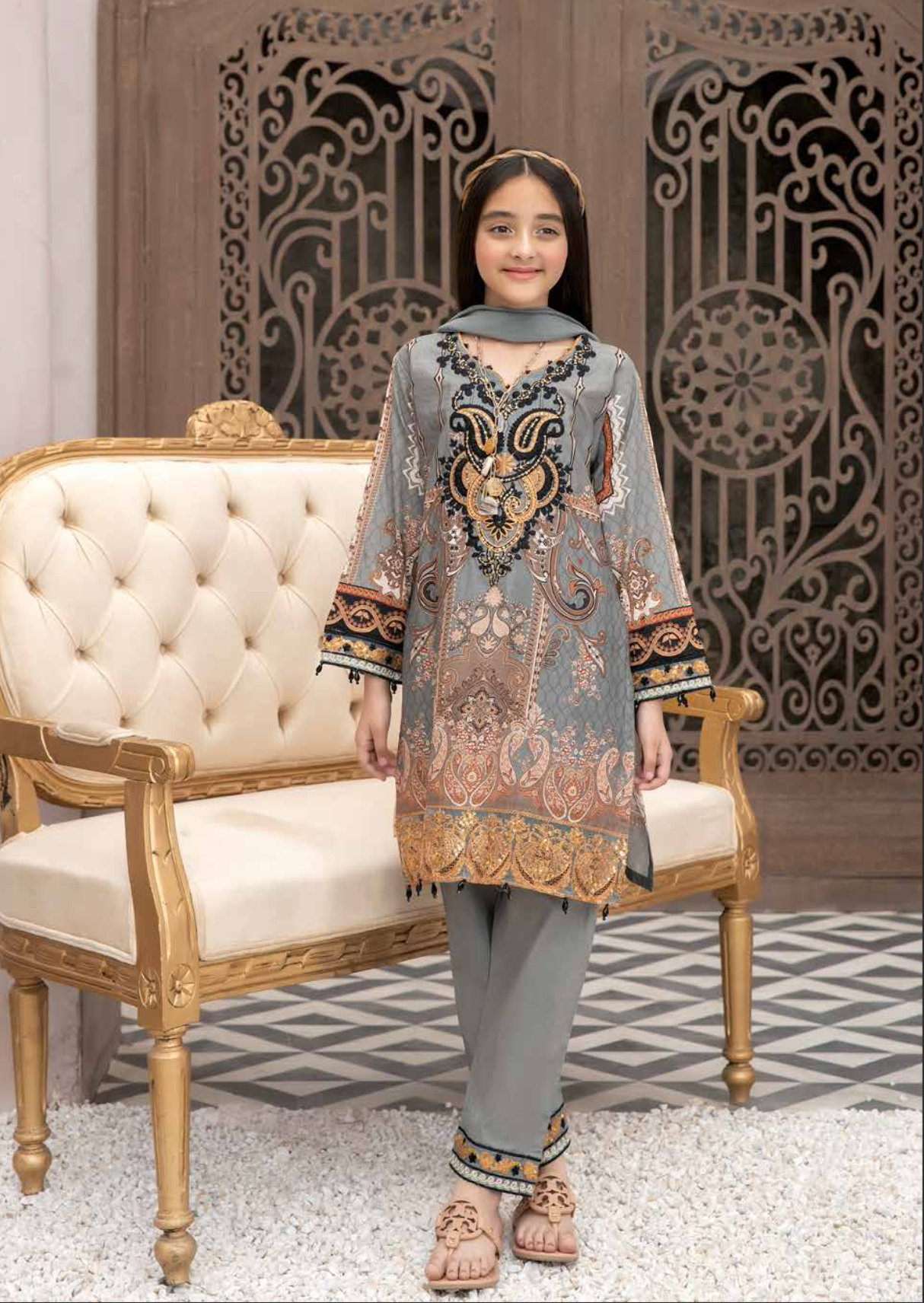 Grey Festive Lawn Girls Suit