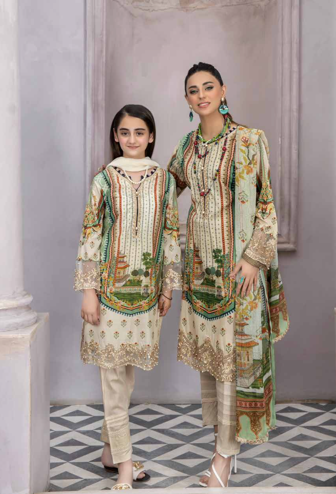 Light Beige and Green Festive Lawn Girls Suit