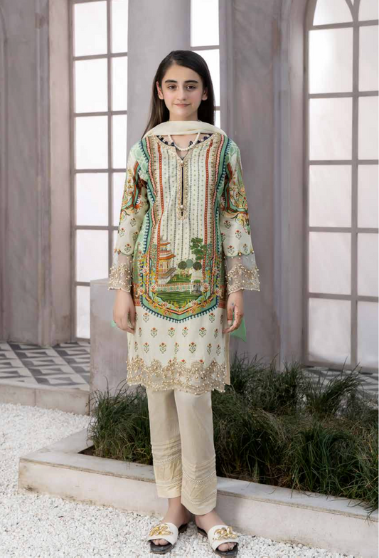 Light Beige and Green Festive Lawn Girls Suit