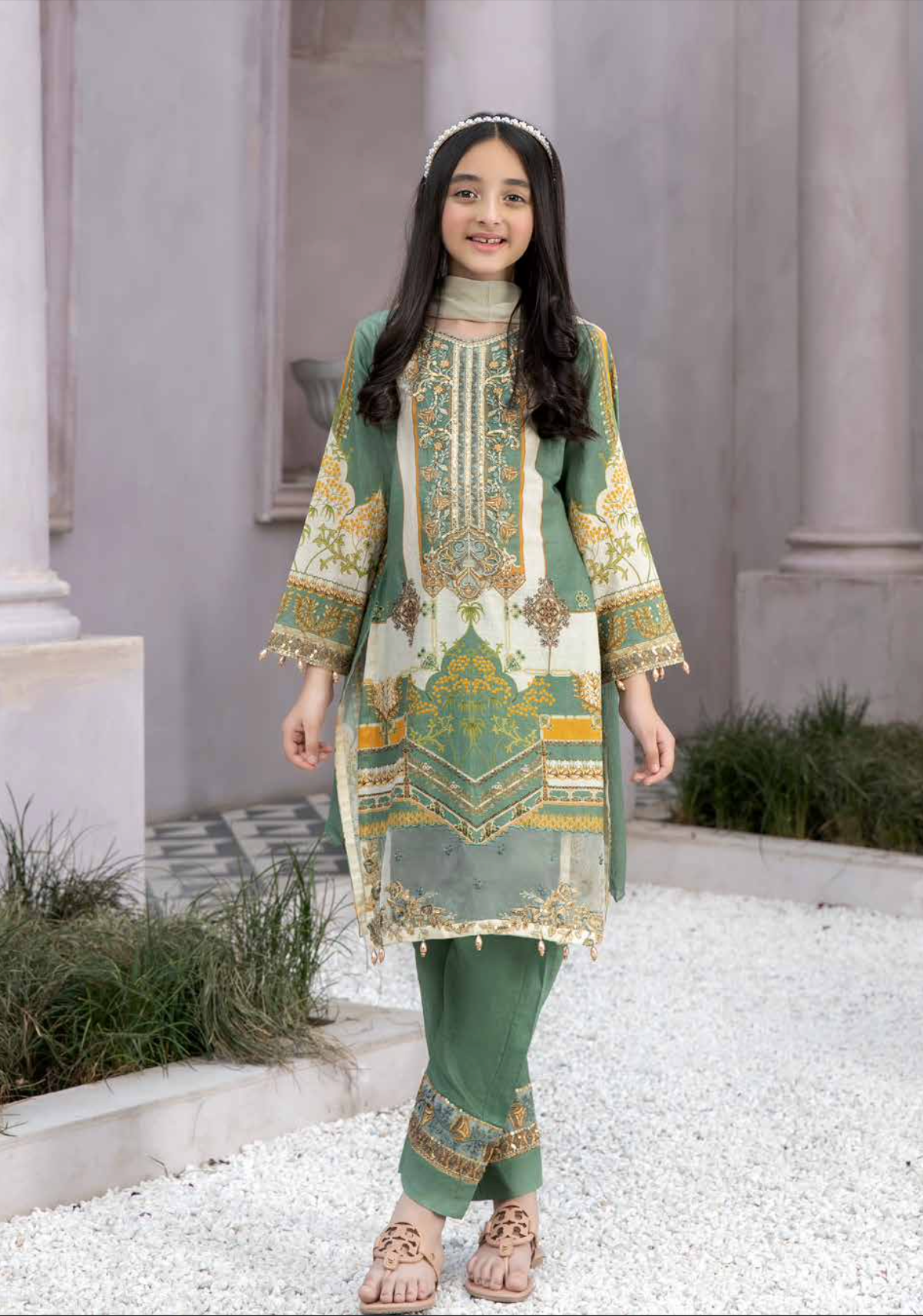Green and Gold Festive Lawn Girls Suit