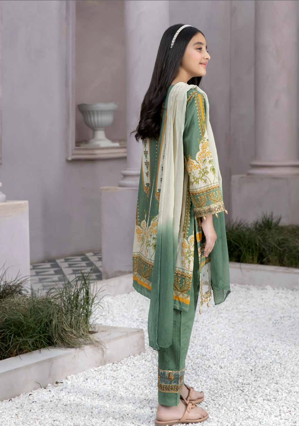 Green and Gold Festive Lawn Girls Suit