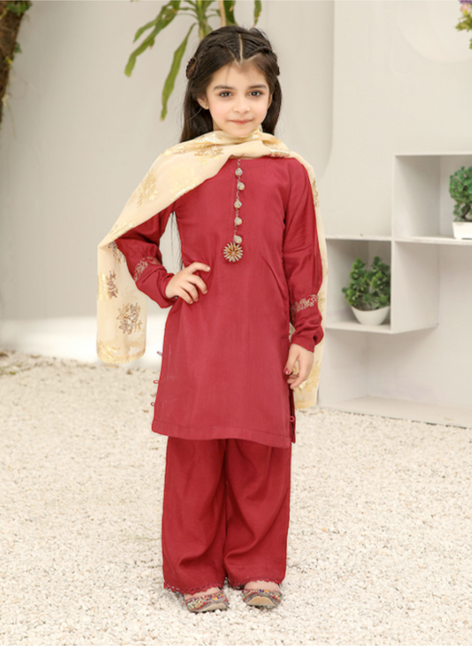 Red Rangoli Viscose Girls Suit