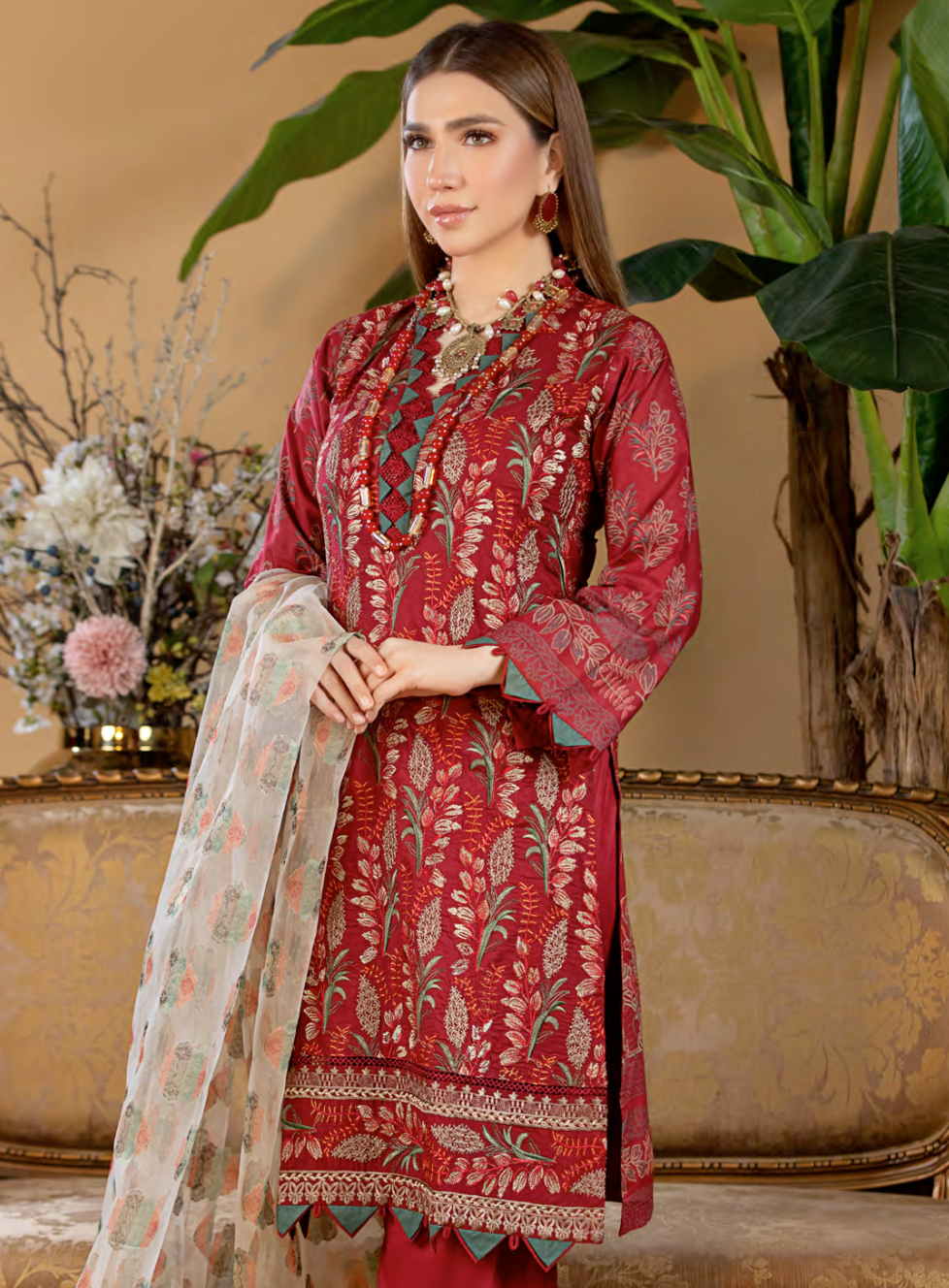 Red Munira Designer Linen Ladies Suit