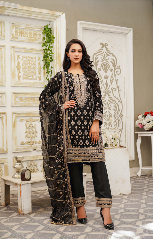 Black and Gold Chiffon Ladies Suit